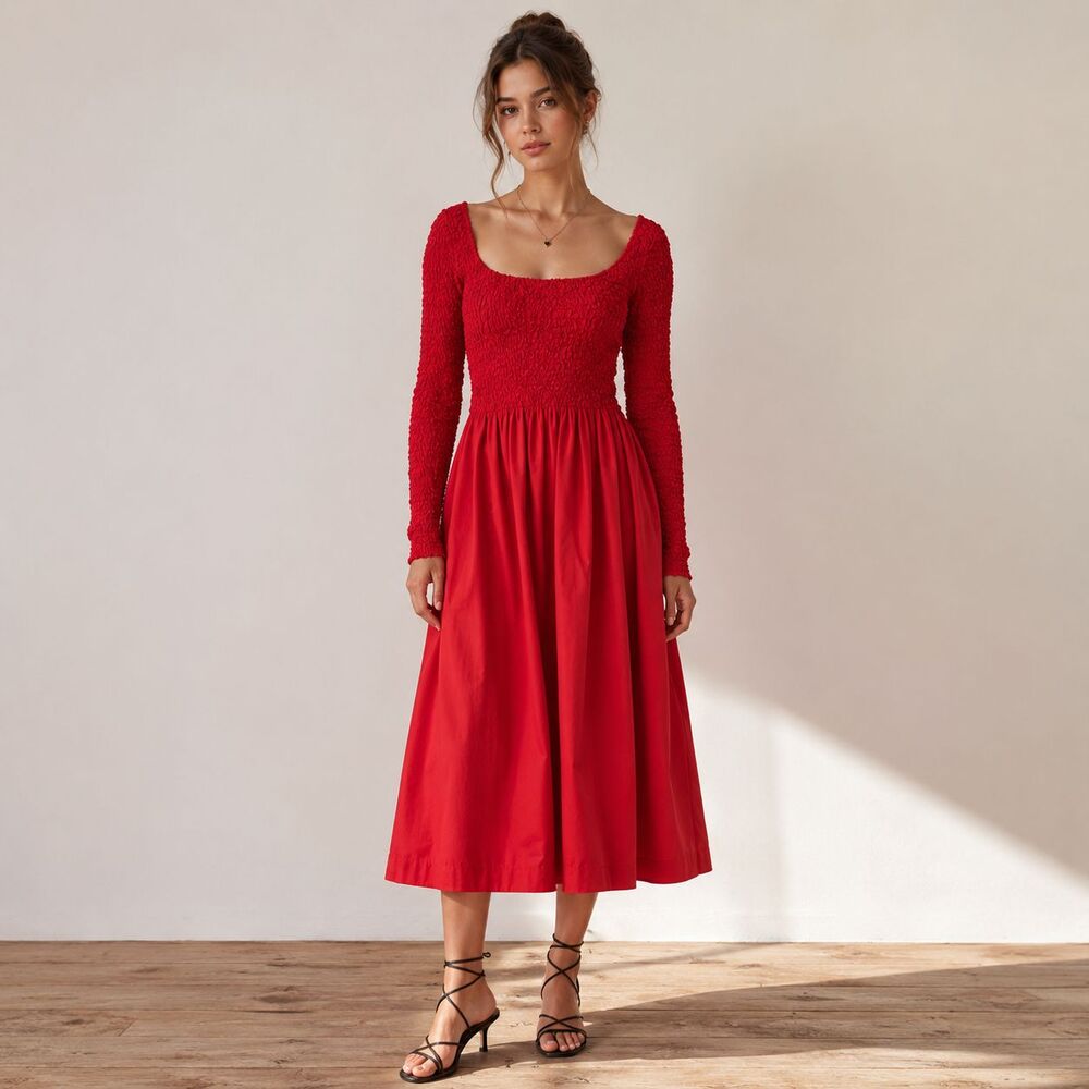 DAMSON MADDER Womens New Midi Dress 8 MALINDA LS SUPER Smocked Red AW25-DM-2165